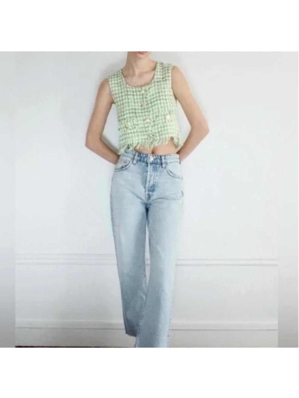 ZARA Green /White Cotton Tweed Vest Crop Top with Gold Tone Buttons Sz M NWT